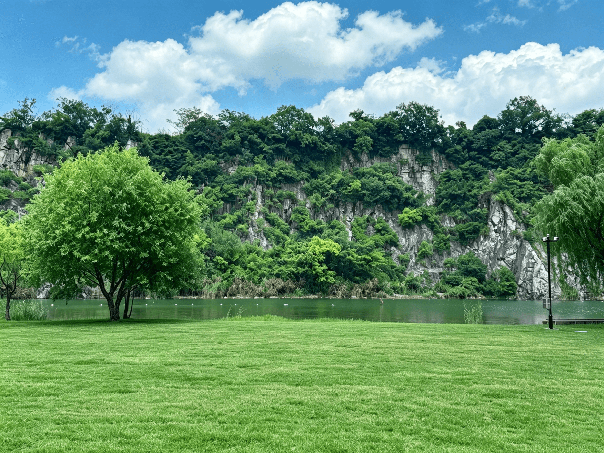镜湖草坪与山崖实景